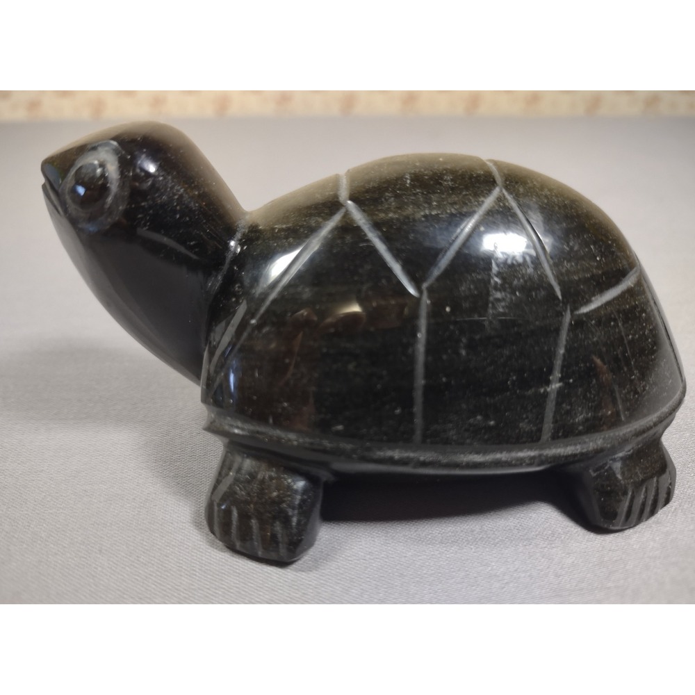 Vintage Silver Sheen Obsidian Turtle Figurine Hand Carved Mexico 4x2.5 Inch